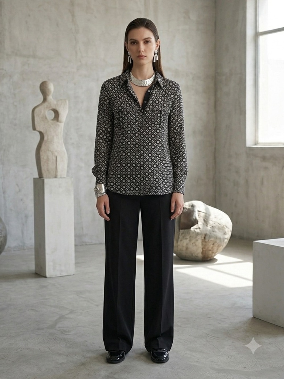 White House Black Market 100% Silk Blouse 14 Black White Geometric Roll Tab Top